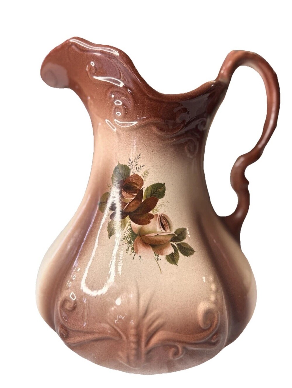 Vintage Ironstone Ceramic Pitcher Rose Victorian Cottagecore Brown England